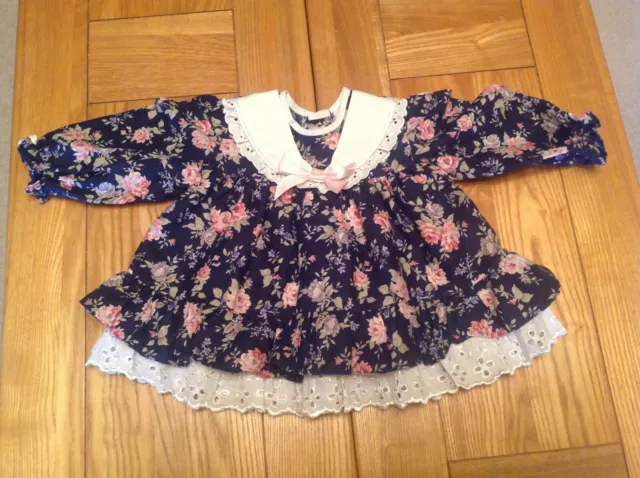 Vintage Baby Girls Dress Navy Blue Pink Floral with Underskirt. Age 3 - 6 months