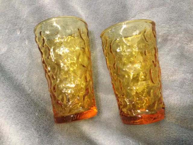 Vintage Anchor Hocking Amber Lido Milano Crinkle Drinking Juice Glass 4” Set 2