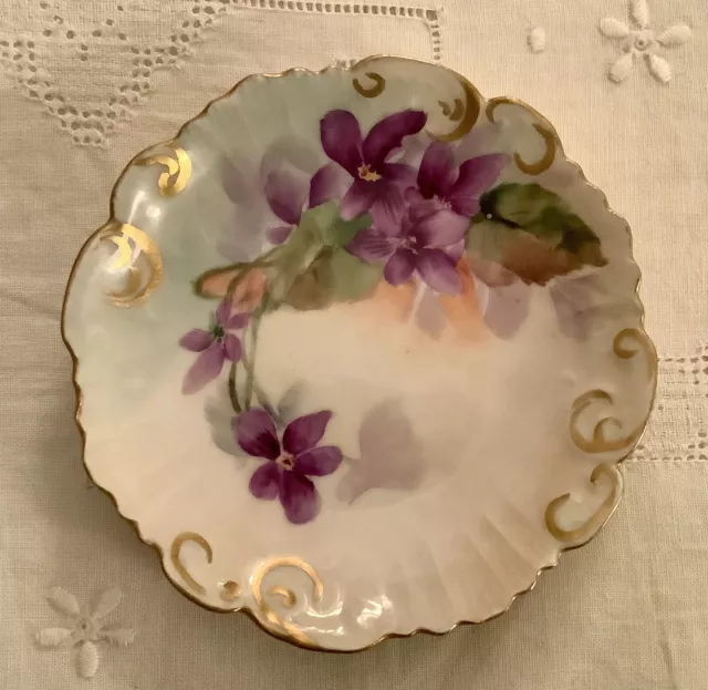 Antique Hand Painted Limoges Miniature Plate Dish Violets Gold Trim