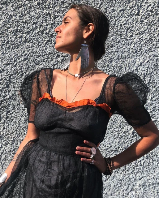 1930s Antique Halloween Costume Set Dress Black Netted Gauze Orange 30s 40s Vtg