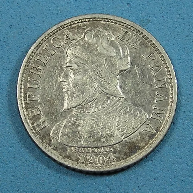 Panama 5 Centesimos .900 Silver Coin, 1904 Lustrous high grade KM-2, 17.9mm 2.5g