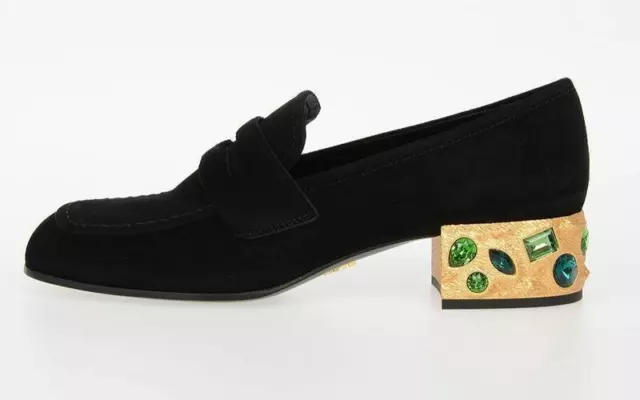 Prada Black  Suede Unique Emerald Green Jeweled Heel Loafers Eu 37