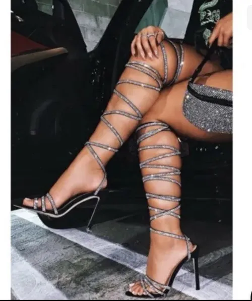 Azalea Wang Moving to the City Rhinestone Crystal Lace Up Wrapped Leg Sandal 6.5
