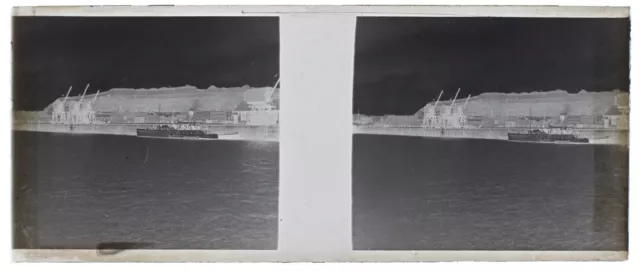 Port Bateau c1930 Photo NEGATIVE Plaque de verre Stereo Vintage V34L5n