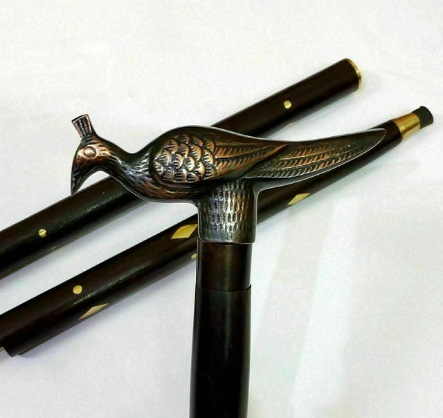 Antique Style Brass Peacock Head Handle Vintage Walking Wooden Stick Cane Gift