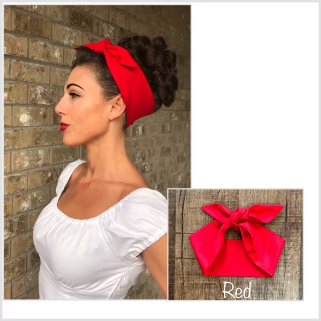 Handmade Solid Red Retro Rosie the Riveter Headband Hair Wrap Scarf 1950s Style