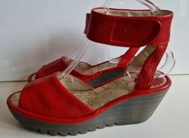 Fly London Womens Sandals Red Uk Size 4 Eu 37 Wedge, Leather, Super Condition