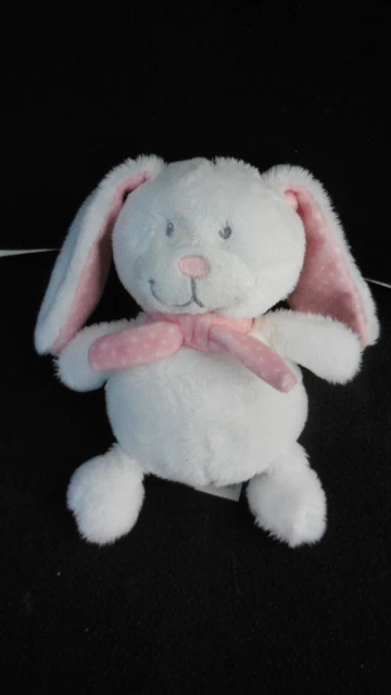 doudou peluche lapin blanc noeud rose pois TEX 16cm
