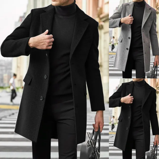 Men's Trench Coat Slim Fit Notch Lapel Winter Warm Business Long Jacket Overcoat
