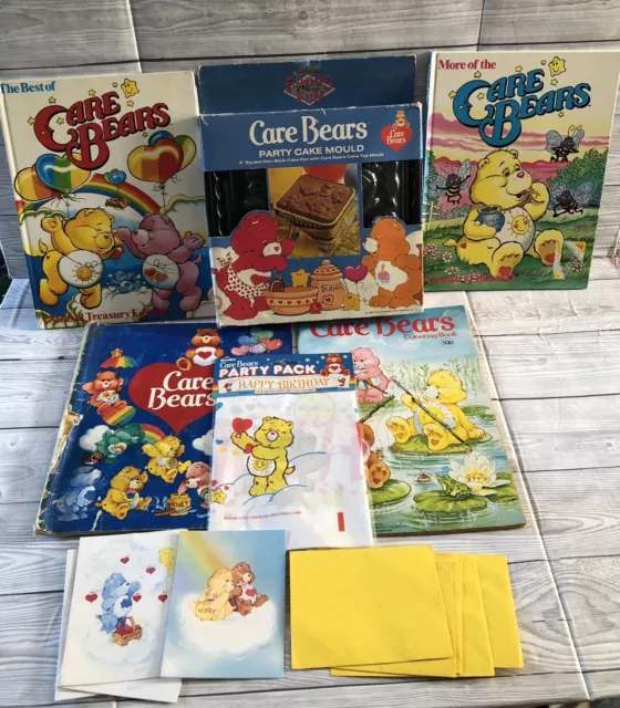 Care Bears 80s Birthday Cards Lot Banner Cake Mould Tin Sticker Colouring Book