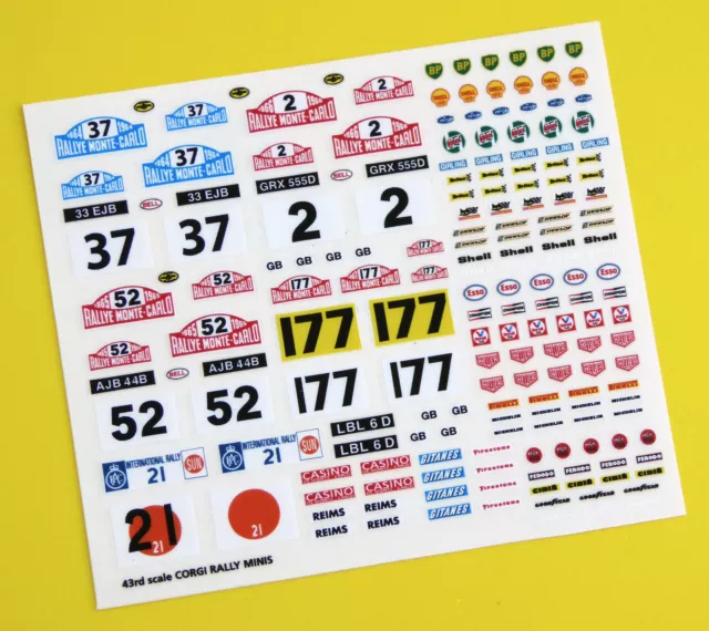 Corgi Rally Mini Monte Carlo etc Rally sticker decal reproductions, 43rd scale