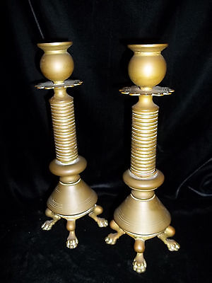 Antique Eastlake Candle Holders Lion Claw Feet 10"  Metal Old Brass Victorian 2