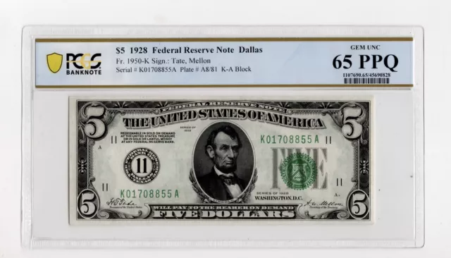 1928 $5 Federal reserve Note Dallas Fr. 1950K - PCGS 65 PPQ