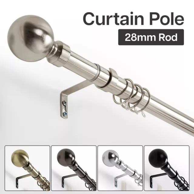 Extendable Metal Curtain Pole 28mm With Superior Finials, Rings & Rod Fittings