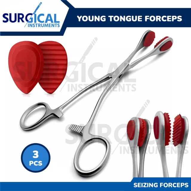 3 pcs Young Tongue Forceps Set Surgical OB/Gynecology with Rubber German Grade