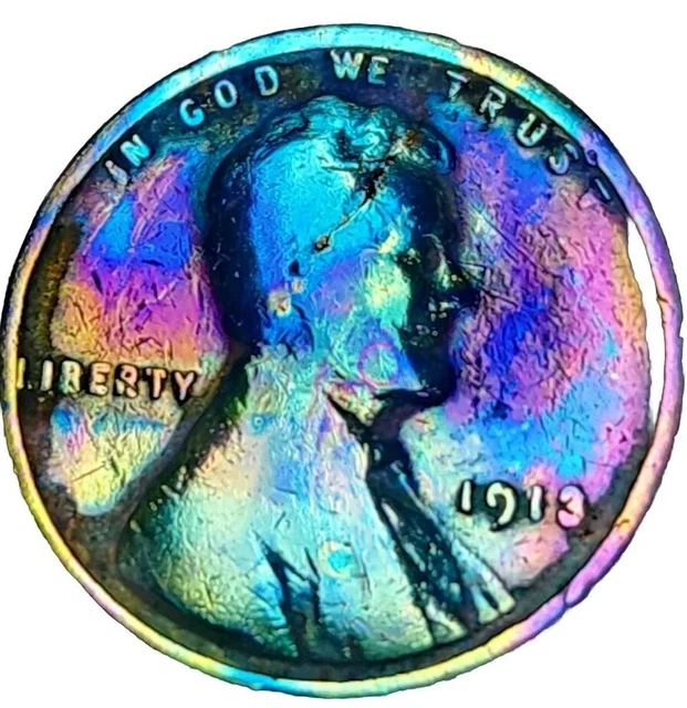 1913 Lincoln Wheat Cent Penny Rainbow Toned Abe Unc Bu US Coin VF XF Beauty