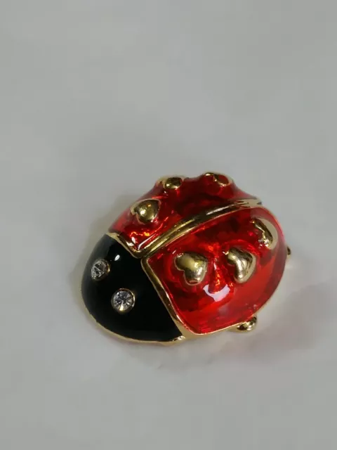 AVON Ladybug Lapel Hat Jacket Pin Faux Jewel Eyes Heart Spots Red & Black
