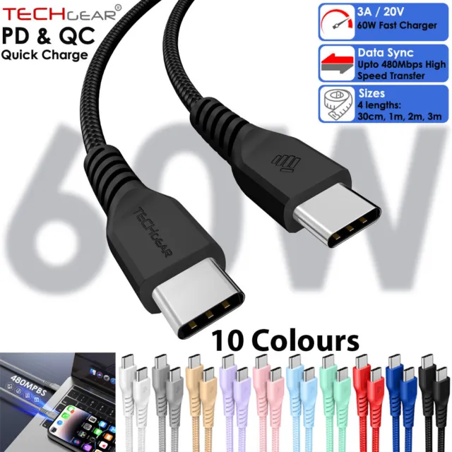 USB Type C to USB C Strong Braided Data & Fast Charger Charging Cable Power Lead