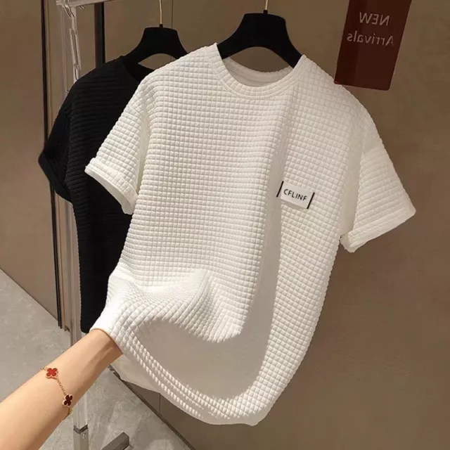 Men Top Fashion Solid Color Waffle Trend Loose Casual Short Sleeve Tees Summer