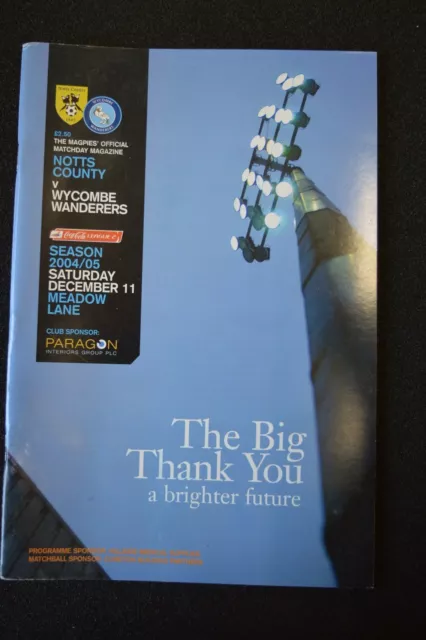 Notts County Vs Wycombe Wanderers 11-12-04  Program (P137)