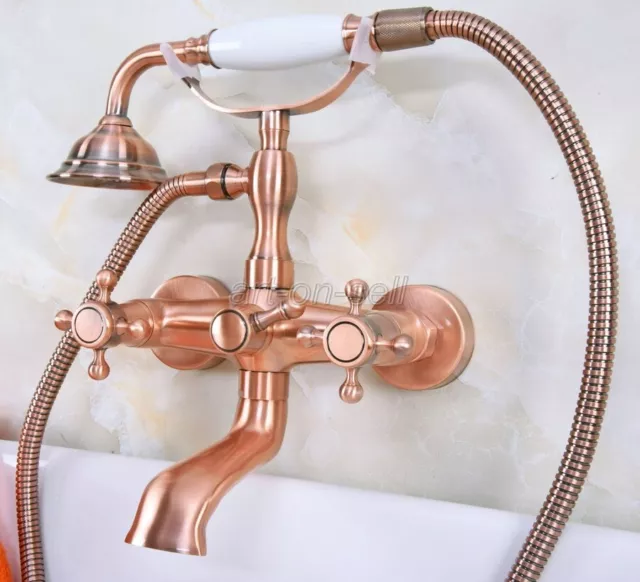 Red Copper Wall Mount Bathroom Clawfoot Bath Tub Faucet Filler w/ Hand Shower