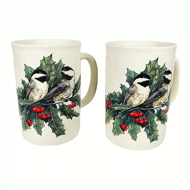 2 Otagiri Chicadee Christmas Mug Bird Holly Leaves Berries Coffee Cups Gold Trim
