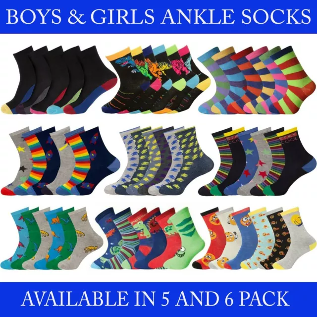 3, 5, 6 Pack Boys Girls Ankle Socks Childrens Kids Multicoloured Designer Sock