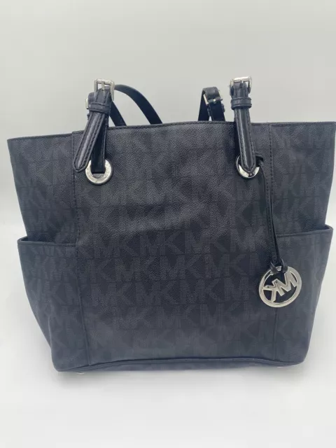 Michael Kors Jet Set Signature Large Tote Shoulder Black Zip Top Side Pockets