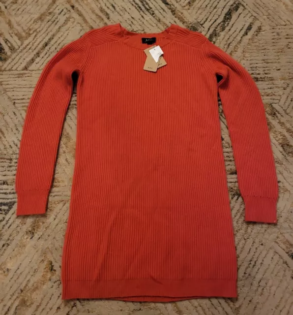 NWT A.P.C. Women Orange Cashmere Wool Ribbed Crewneck Sweater Dress Large 2