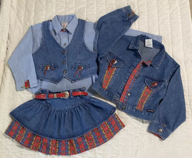 Girls Vtg 1990s 90s Western Denim Aztec Outfit Sz 5. USA Skirt Vest Jacket Belt