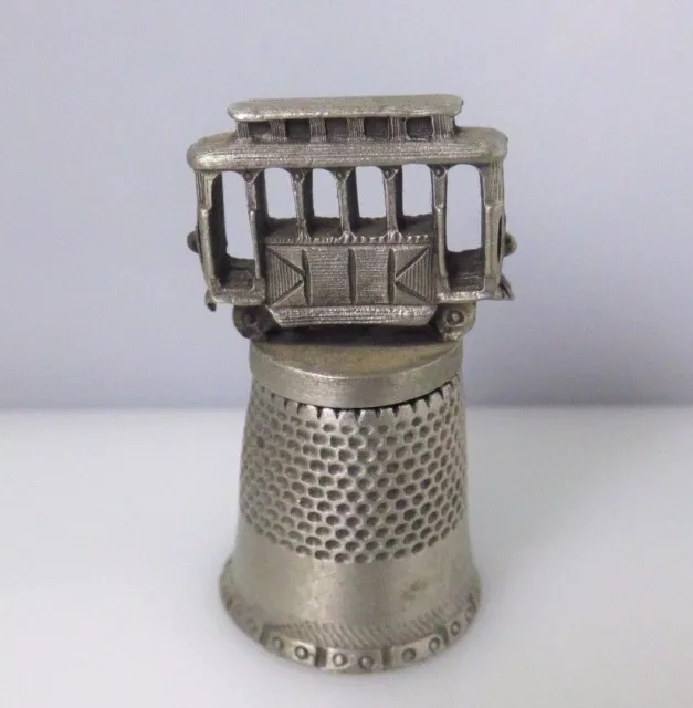 Vintage Pewter Cable Car Trolley Signed Fort 1979 Collectible Sewing Thimble