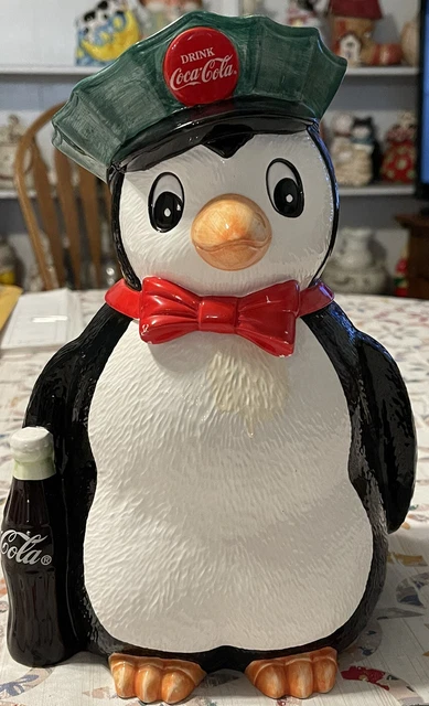 Vintage 1997 Coca Cola 11" Penguin Ceramic Cookie Jar, Unused