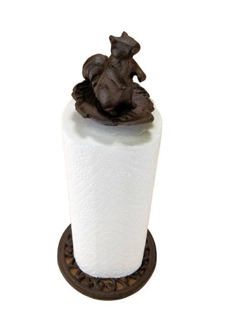 Squirrel in Leaf Paper Towel Holder Countertop Rustic Brown Cast Iron & Aluminum