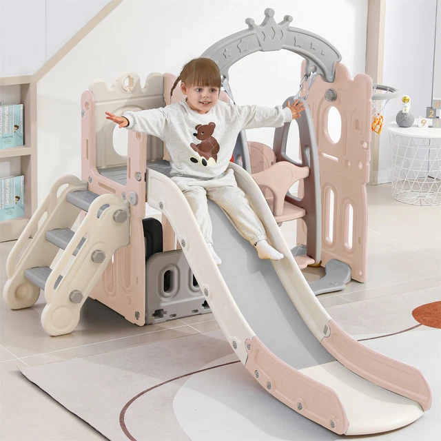 5in1 Kids Toddlers Swing and Slide Set with Climb Ladder Storage Basketball hoop