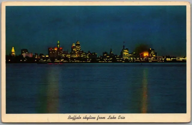 1960s Buffalo, New York Postcard "Buffalo Skyline from Lake Erie" Night View