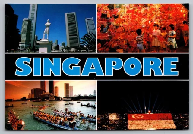 Singapore Multi View Downtown City Landmarks Boats Festival Chrome Postcard