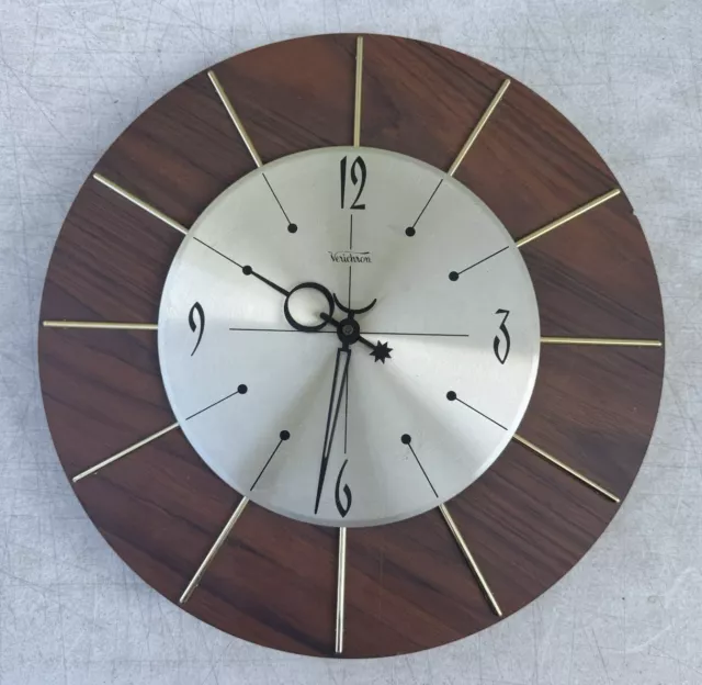 Vintage Mid Century Modern Wall Clock VERICHRON Sunburst Wood & Brass 16" 60/70s