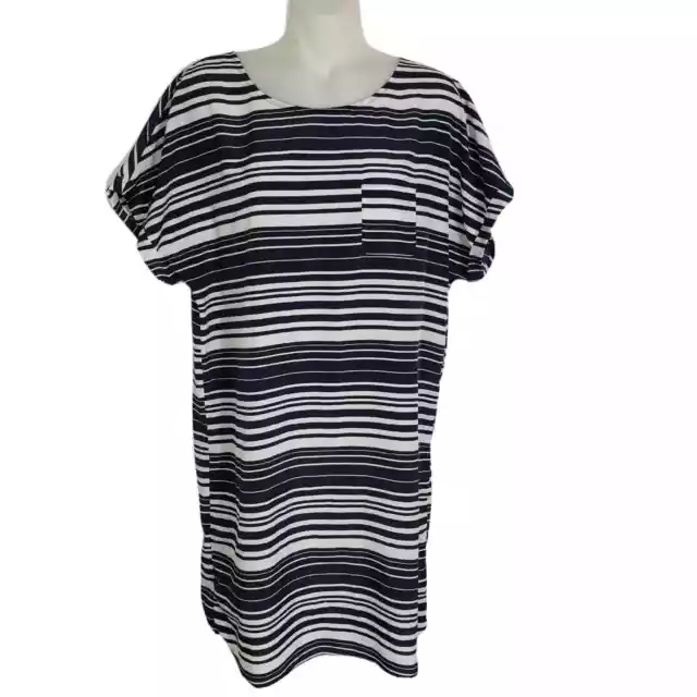 Caslon Womens Dress Size Small Shift Blue White Striped Pocket Short Sleeve Knee