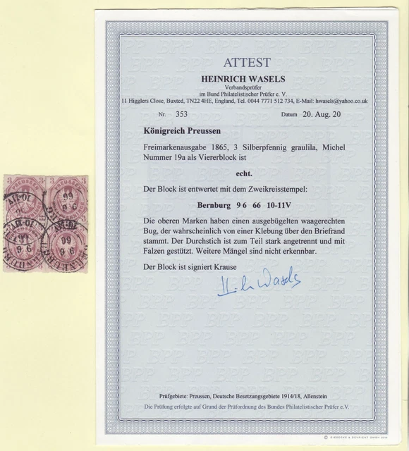 ++ AD Preussen MiNr 19 a VIERERBLOCK , KATALOGWERT = 625 EUR , BPP - ATTEST ++