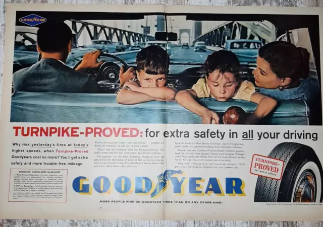 1961 Goodyear Vintage Print Ad Tires Turnpike Safety Mom Dad Kids Car Auto 2-Pg