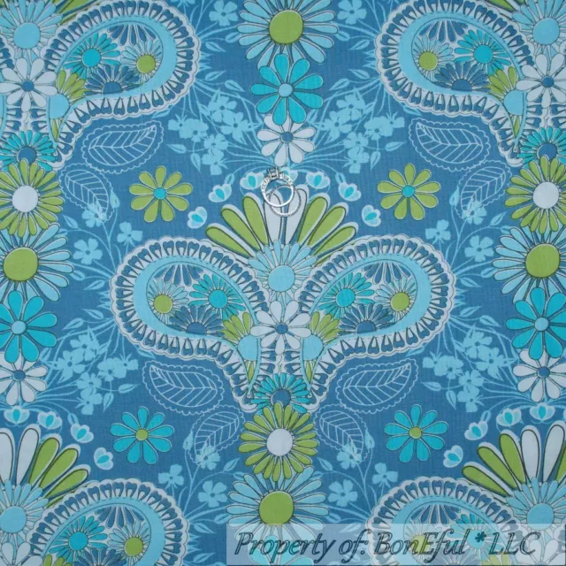 BonEful Fabric FQ Cotton Quilt Blue Green Tree Leaf White Flower Daisy Hippie US