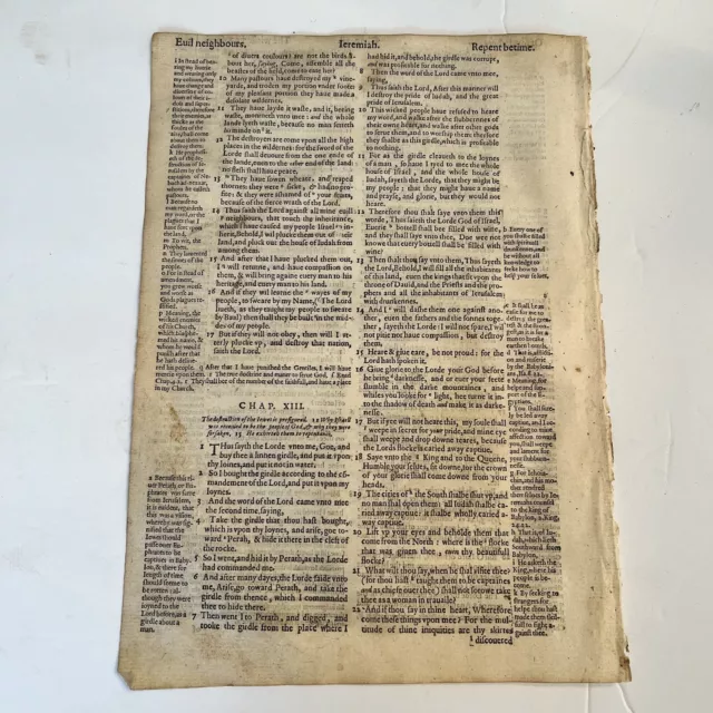 Antique 1597 Geneva Bible Small Folio Leaf :: Christian Relic — Book Of Jeremiah 2