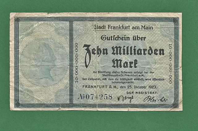 08 043 Gutschein der Stadt Frankfurt am Main 10 Milliarden Mark 25. Oktober 1923