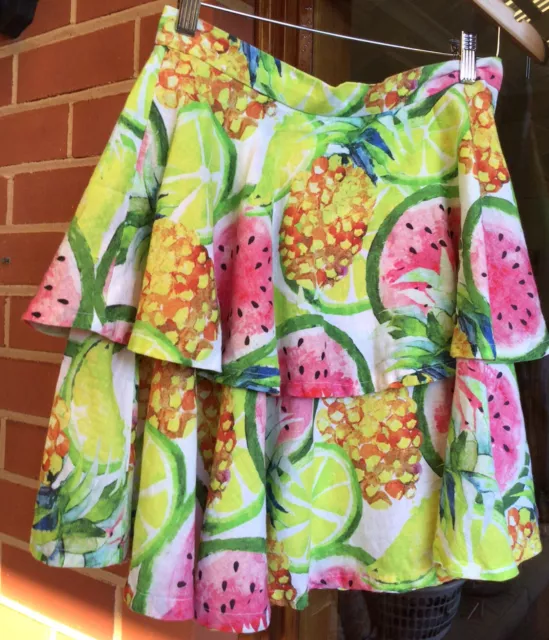 Hand Made multi fruit salad watermelon print gormanesque layered skirt linen 10