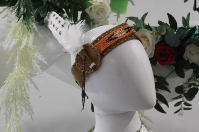 Indian headband handmade bone and leather beadings natural feathers dye colors