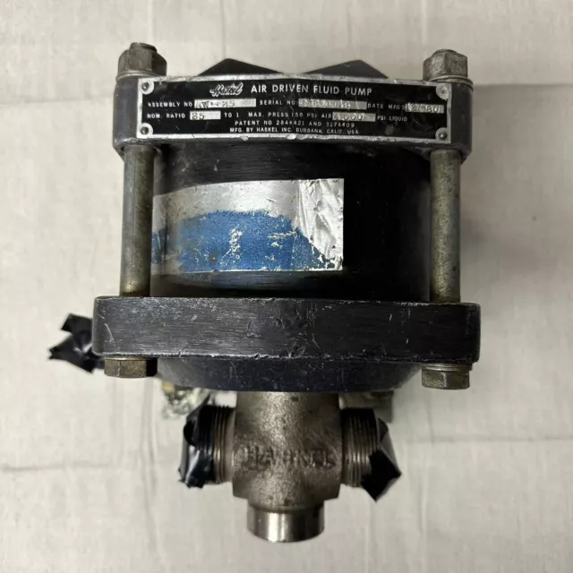 HASKEL AW-25 AIR DRIVEN LIQUID/ FLUID PUMP 276 BAR/ 4000 PSI 25:1 RATIO tested
