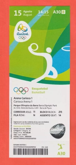 Orig.Ticket Olympische Spiele RIO DE JANEIRO 2016 / Basketball NIGERIA-BRASILIEN