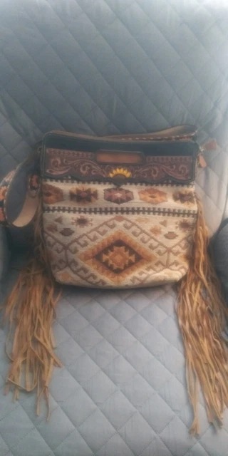 Myrabag Helios Cotton, Leather, Handbag.  Browns, Tan, Sunflowers,   Hand Tooled