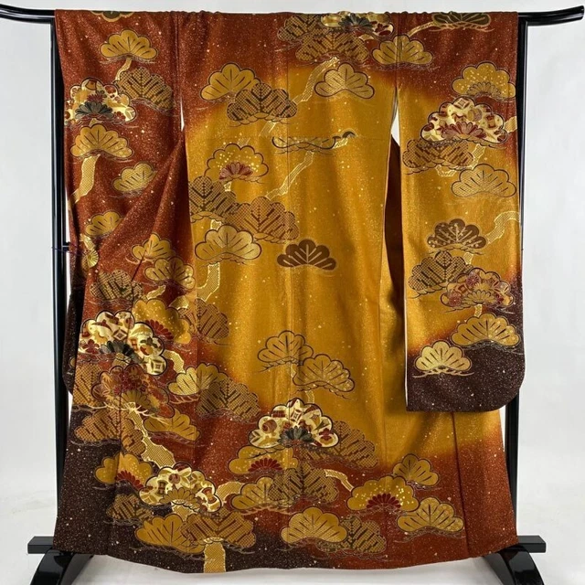 Japanese Kimono Furisode Pure Silk Gold Paint Reddish Brown Lined Kimono