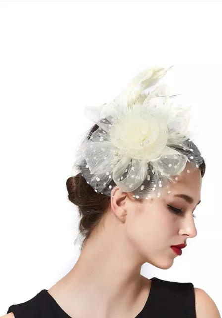 Off White/Beige Feather Mesh Fascinator Hat Clip Head Band Wedding Tea Party